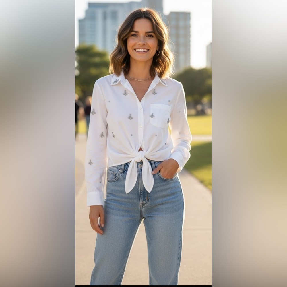 INC International Concepts White Embroidered Button-Down Shirt